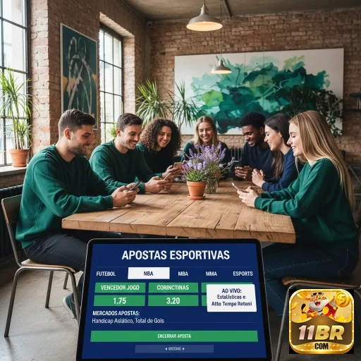 Grupo de pessoas apostando em jogos no 11br com dispositivos móveis.
