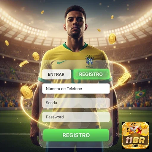 Tela de registro do aplicativo 11br com jogadores em fundo esportivo.
