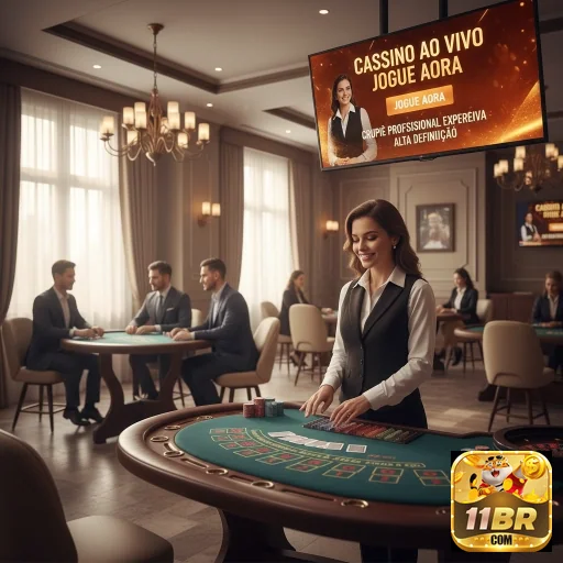Jogadora em cassino ao vivo no 11br com mesas e dealers.