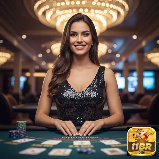 Jogadora feliz em mesa de cassino no 11br com fichas.