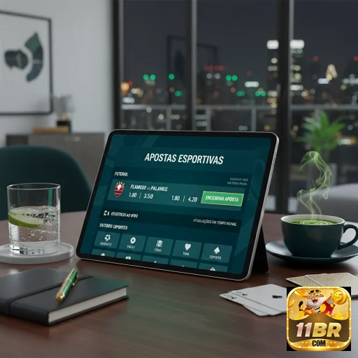 Tela de apostas esportivas do 11br em tablet na mesa.