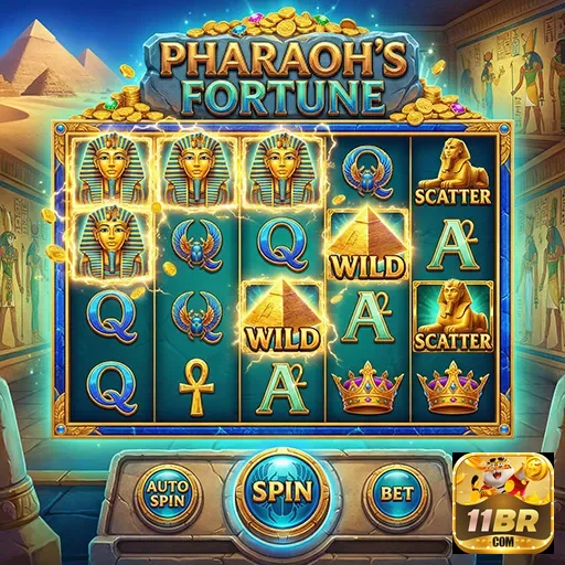 Tela de jogo de Pharaoh's Fortune no site 11br com símbolos.