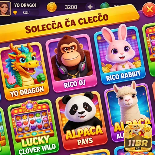 Tela com slots coloridos da 11br, incluindo animais e dragão.