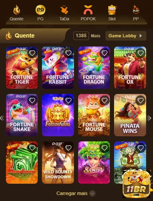 Tela do app 11br exibindo jogos em destaque com cashback.