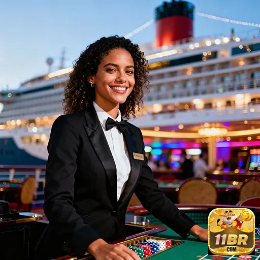 Croupier experiente no cassino da 11br com ambiente luxuoso.