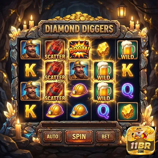 11br exibe a tela do jogo Diamond Diggers com símbolos e prêmios.
