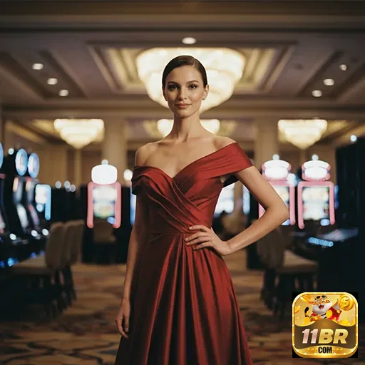 Modelo em vestido vermelho mostra ambiente do cassino 11br.