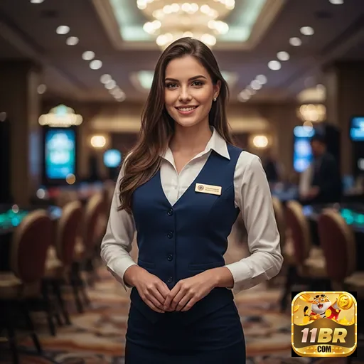 Atendente do cassino VIP da 11br em ambiente elegante.