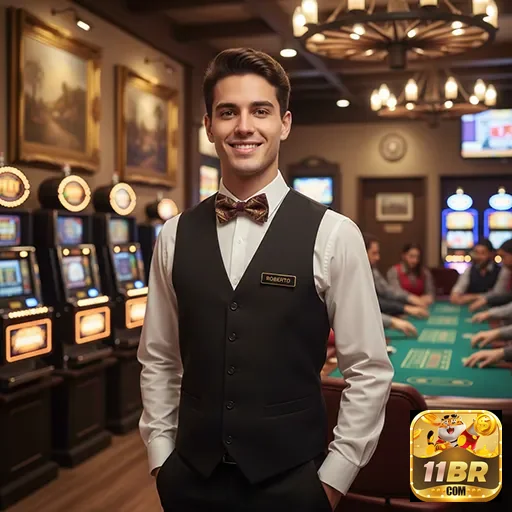 Um atendente sorridente no 11br com jogos de casino ao fundo.