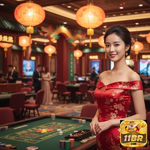 Uma jogadora VIP na 11br em um cassino elegante.
